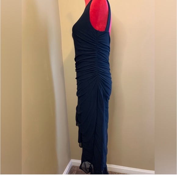 BLACK ASYMMETRICAL RUFFLE HEM RUCHED DRESS - Picture 9 of 13